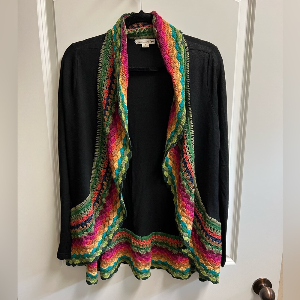 Double Zero Colorful Crochet Trim Open Front Bohemian Cardigan size small